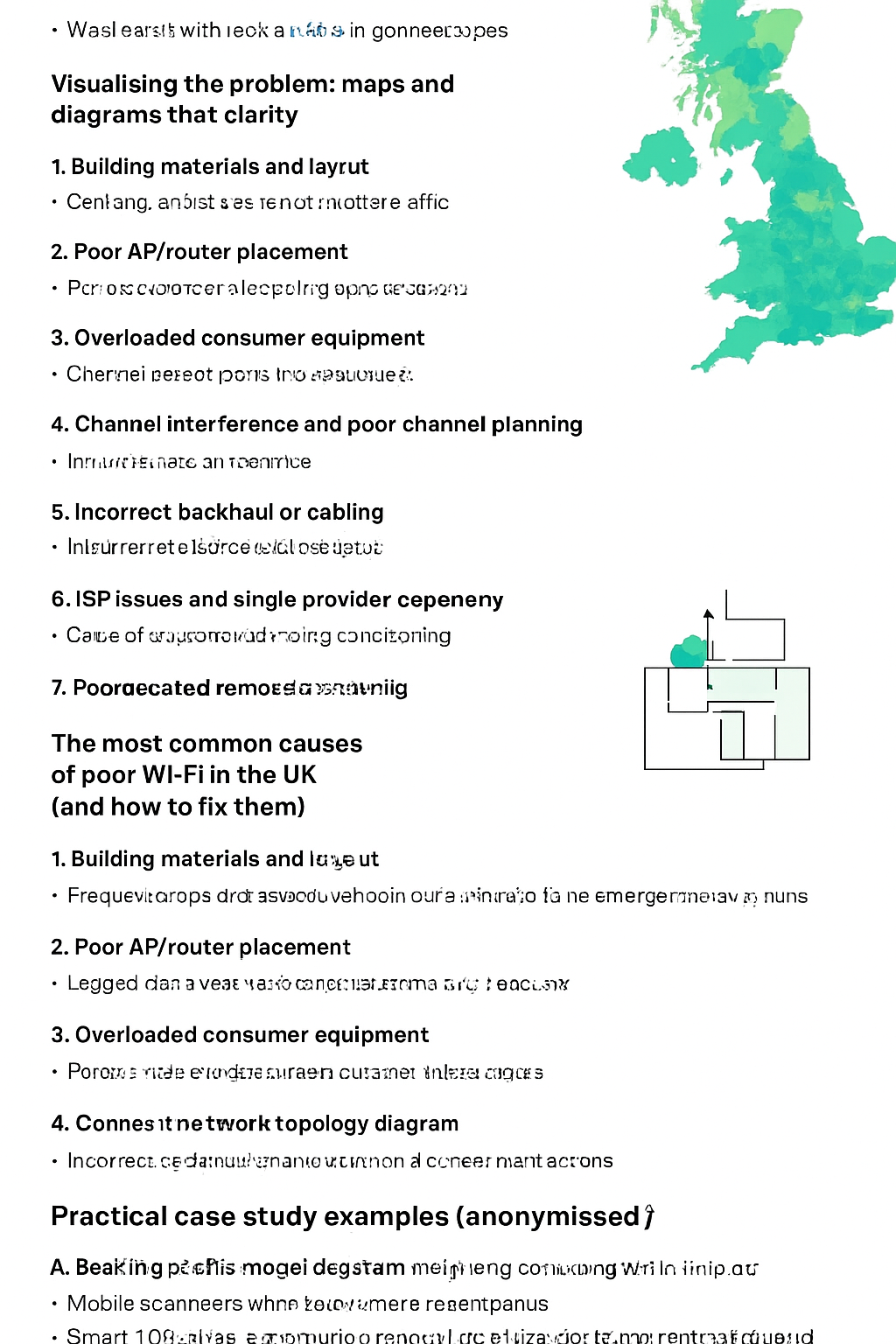 A visual diagram explaining common causes of poor Wi-Fi performance in UK buildings, including signal obstruction, interference sources, router placement problems, and coverage dead zones.