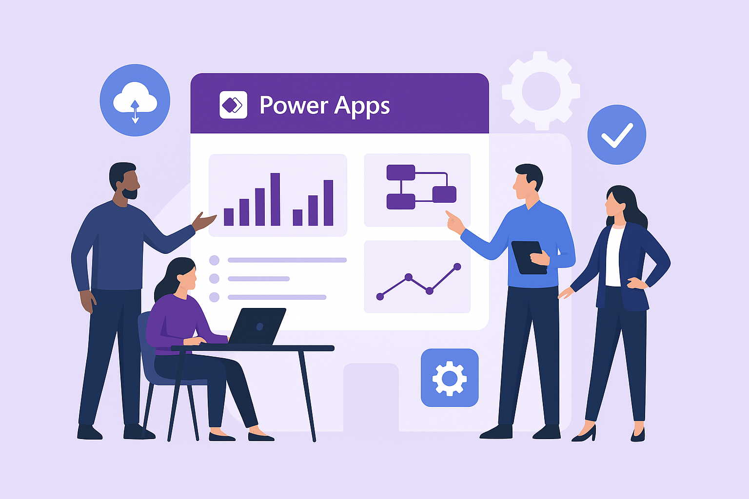 Business team using Microsoft Power Apps no‑code tools to build custom business applications and improve efficiency.
