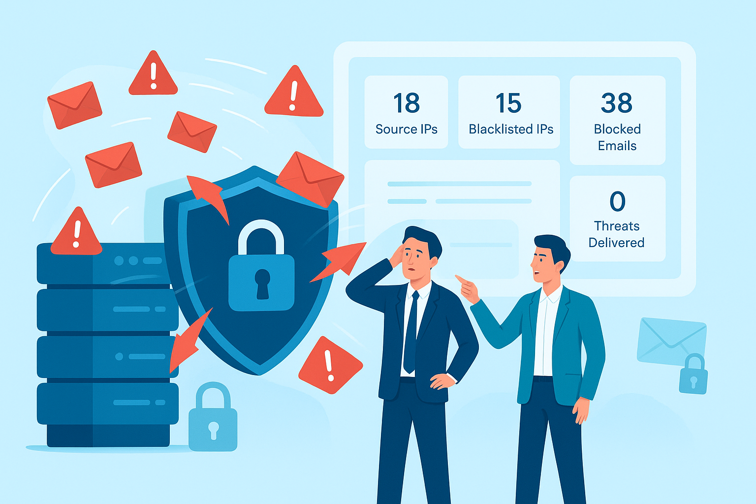 Email security case study showing a protected mail server blocking malicious emails from blacklisted IP addresses before they reach user inboxes.