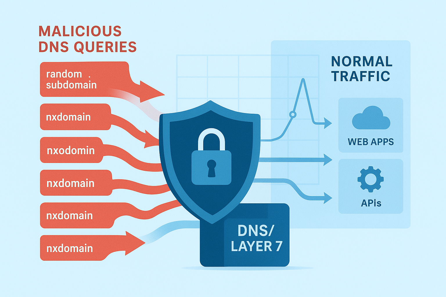 Illustration of application-layer DNS DDoS attack traffic being blocked by a protected DNS server while legitimate queries continue to web applications.