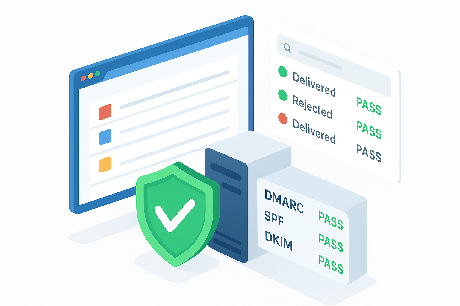 Isometric illustration of an email security dashboard showing DMARC, SPF, and DKIM passing, with a green shield icon and a clean inbox behind it.