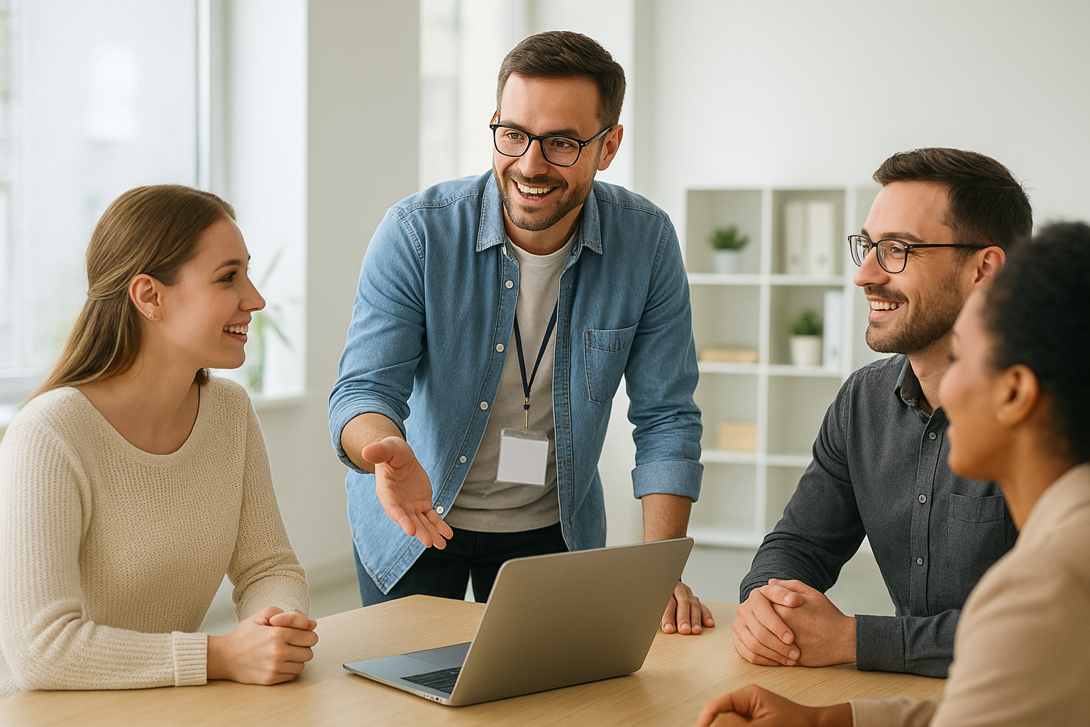 A friendly IT professional helping two colleagues at a computer in a bright, modern office.