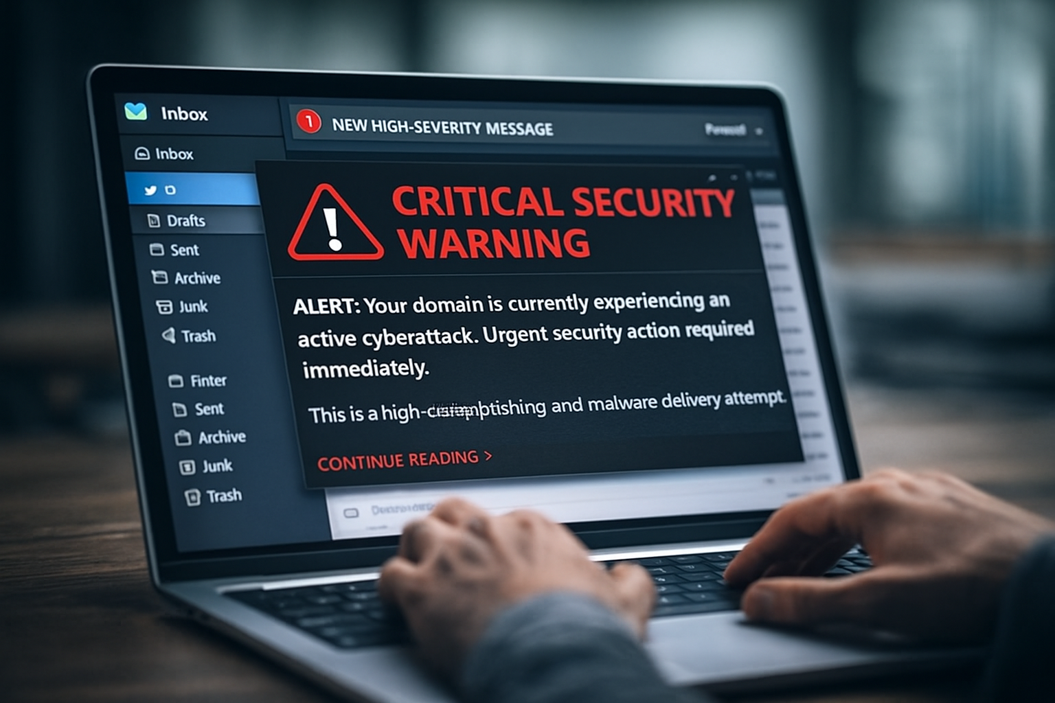 A person typing on a laptop displaying a large red “Critical Security Warning” alert about an active cyberattack.