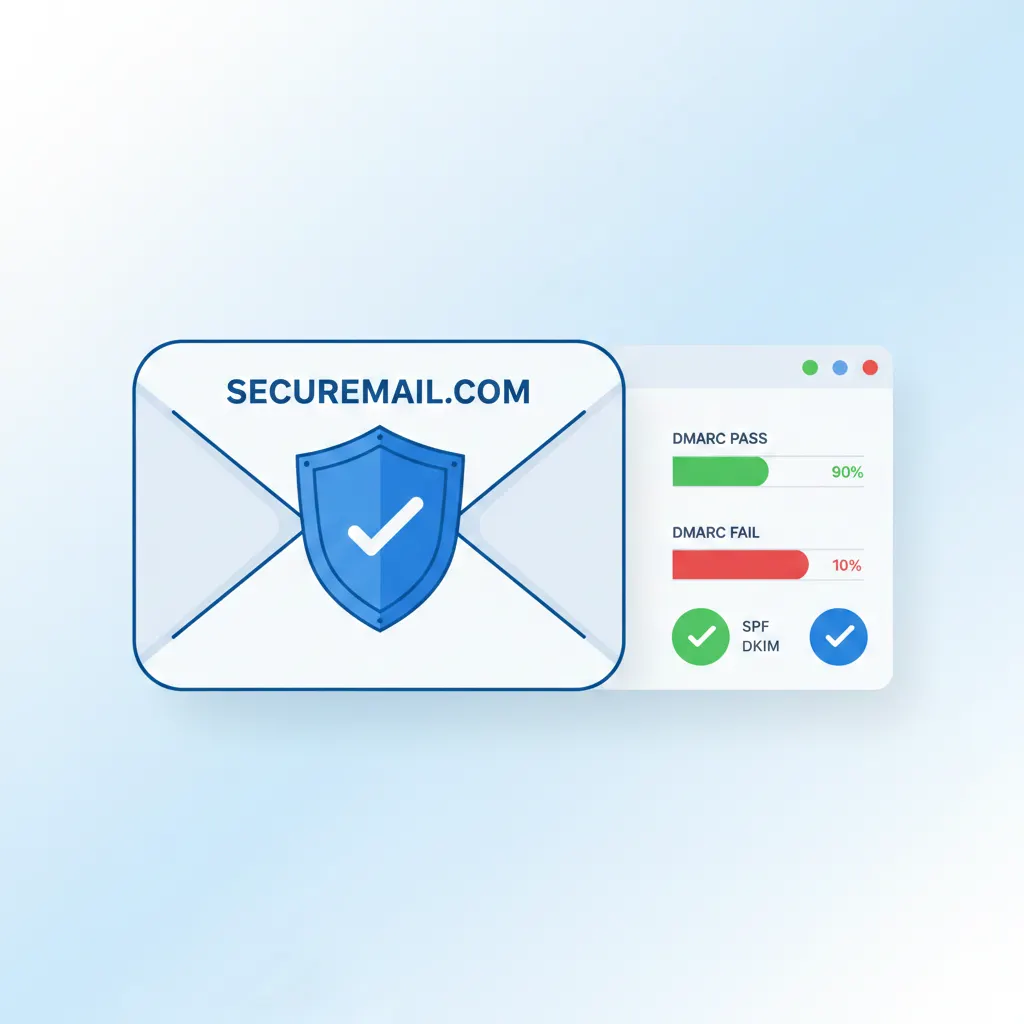 Email envelope with a shield icon, a domain name above it, and a DMARC dashboard showing pass/fail signals.