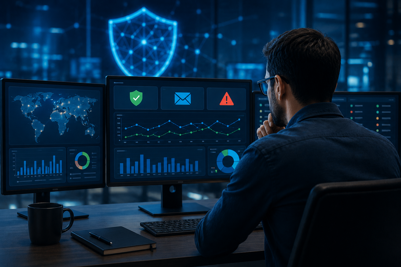 Cybersecurity analyst monitoring DMARC, SPF, and DKIM reports to detect email authentication issues and phishing threats.